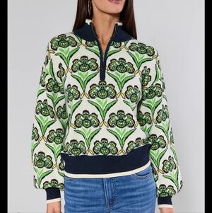 Green Medallion Quarter Zip Pullover Sweater Size Med